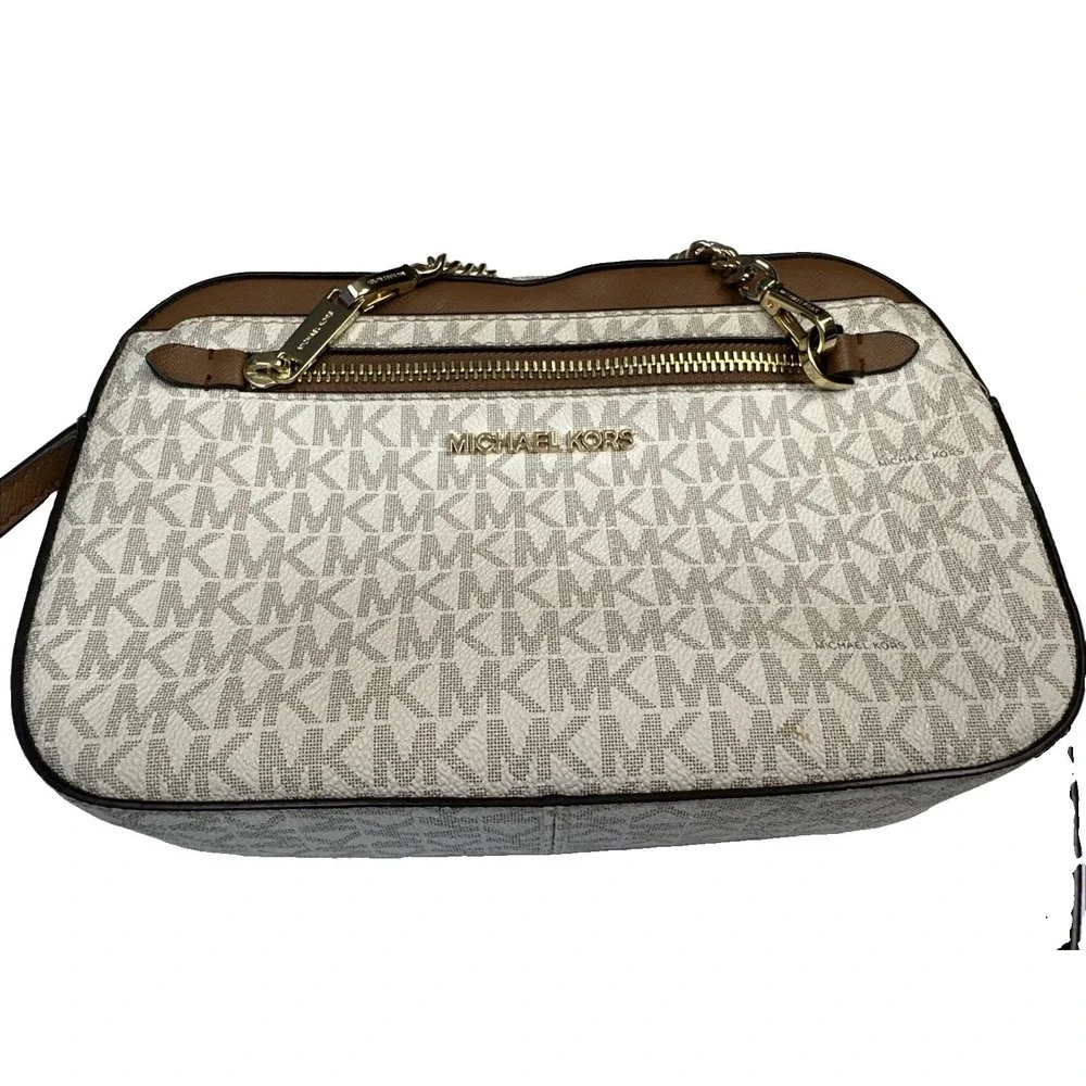 Michael Kors Jet Set Large Logo Crossbody Bag Vanilla Zip Chain Strap